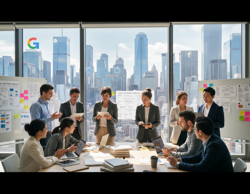 A bustling urban skyline showcases the vibrant US job market for UX designers in 2026. In the foreground, a diverse group of professionals in smart business attire engages in discussions and collaboration, analyzing designs on tablets and laptops. The middle ground features a modern office environment filled with UX-related posters, sticky notes, and design mockups, symbolizing creativity and innovation. In the background, a panoramic view of the city reflects growth, with prominent tech company logos on skyscrapers. The lighting is bright and crisp, emulating a sunny day, and the angle is slightly elevated, giving a dynamic perspective on the scene. The atmosphere conveys optimism, opportunity, and the evolving landscape of the UX job market.