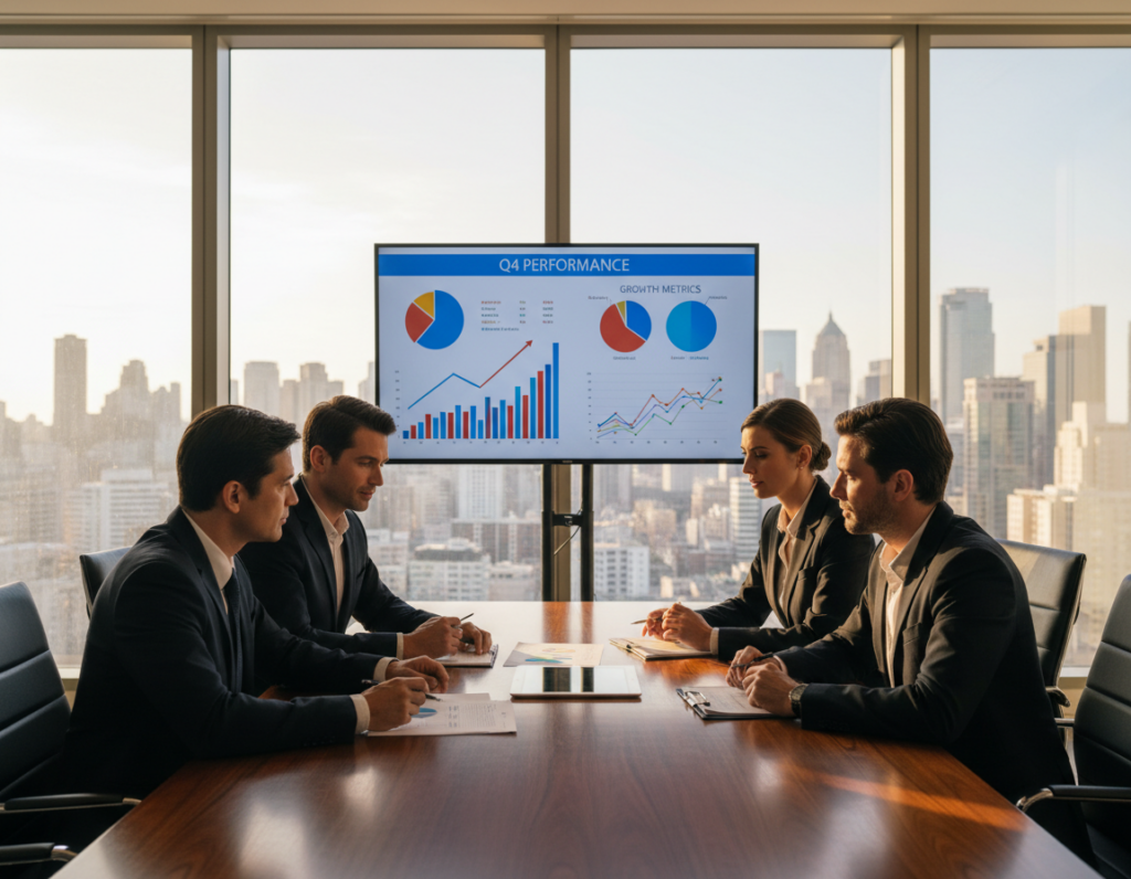 A diverse group of four executive professionals engaged in a strategic meeting around an elegant, polished boardroom table. In the foreground, two men and two women, dressed in tailored business suits, are discussing plans, with thoughtful expressions and visible collaboration. The middle ground features a large digital screen displaying key performance indicators and graphs, emphasizing data-driven decision-making. In the background, large windows reveal a city skyline, flooded with warm natural light, creating an inspiring atmosphere. The scene is captured with a wide-angle lens to encompass the dynamic environment, highlighting professionalism and accountability among C-suite leaders. The mood is focused yet visionary, reflecting ambition and leadership in a corporate setting. A diverse group of four executive professionals engaged in a strategic meeting around an elegant, polished boardroom table. In the foreground, two men and two women, dressed in tailored business suits, are discussing plans, with thoughtful expressions and visible collaboration. The middle ground features a large digital screen displaying key performance indicators and graphs, emphasizing data-driven decision-making. In the background, large windows reveal a city skyline, flooded with warm natural light, creating an inspiring atmosphere. The scene is captured with a wide-angle lens to encompass the dynamic environment, highlighting professionalism and accountability among C-suite leaders. The mood is focused yet visionary, reflecting ambition and leadership in a corporate setting.