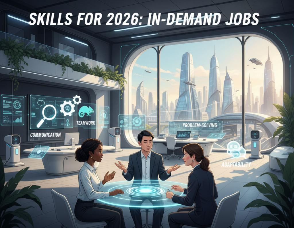 A dynamic illustration showcasing essential core skills employers expect for in-demand jobs in 2026. In the foreground, a diverse group of three professionals dressed in smart business attire engage in collaborative discussions, surrounded by digital icons representing skills like communication, teamwork, problem-solving, and adaptability. The middle layer features a smart office environment with modern furniture and technology, creating a sense of innovation and professionalism. The background depicts a futuristic city skyline through large windows, bathed in soft, natural lighting that suggests an optimistic mood. The composition should have a wide-angle perspective to capture the collaborative and forward-thinking atmosphere, emphasizing the importance of these skills in future job roles.