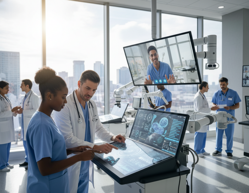 A modern healthcare scene showcasing a diverse team of healthcare professionals collaborating in a high-tech environment. In the foreground, a nurse and a doctor, both in professional attire, analyze patient data on a digital tablet. In the middle, advanced medical equipment, such as AI diagnostics tools and telehealth screens, can be seen, reflecting a blend of human expertise and technology. The background features a contemporary hospital setting with large windows allowing natural light to stream in, creating a bright and inviting atmosphere. A soft focus emphasizes the innovation in healthcare, capturing an optimistic mood about the future of health tech and emerging job roles. The angle is slightly elevated, providing a sweeping view of this dynamic environment.
