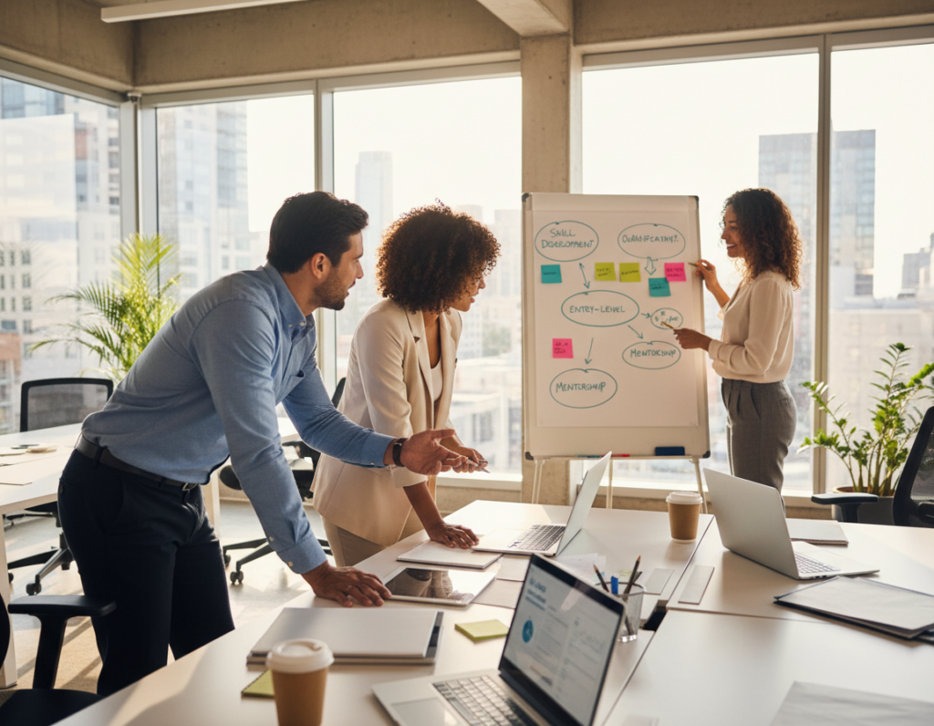 A modern office environment showcasing a diverse group of three young professionals engaged in a collaborative brainstorming session around a table. The foreground features a close-up of two individuals, one male and one female, actively discussing ideas with laptops open, both dressed in professional attire. The middle ground includes a whiteboard filled with colorful post-it notes and charts illustrating career growth pathways. In the background, large windows allow natural light to flood the room, casting warm tones that enhance the atmosphere of innovation and productivity. The overall mood is energetic and optimistic, symbolizing the journey towards qualifying for entry-level roles and achieving rapid career advancement. A modern office environment showcasing a diverse group of three young professionals engaged in a collaborative brainstorming session around a table. The foreground features a close-up of two individuals, one male and one female, actively discussing ideas with laptops open, both dressed in professional attire. The middle ground includes a whiteboard filled with colorful post-it notes and charts illustrating career growth pathways. In the background, large windows allow natural light to flood the room, casting warm tones that enhance the atmosphere of innovation and productivity. The overall mood is energetic and optimistic, symbolizing the journey towards qualifying for entry-level roles and achieving rapid career advancement.