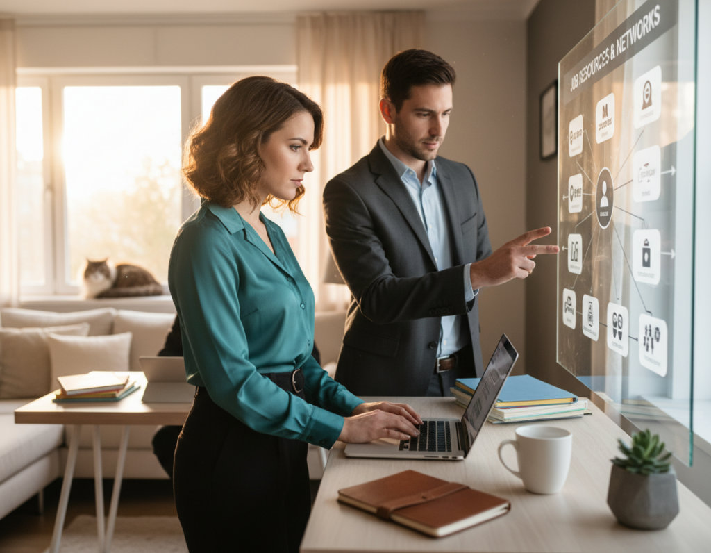 A professional workspace featuring a diverse group of individuals engaged in remote job searching activities. In the foreground, a woman with shoulder-length hair in a smart-casual outfit is focused on her laptop, researching job listings, while a man in a business suit stands beside her, pointing at a digital screen displaying job resources. In the middle ground, a stylish desk is adorned with notebooks, a plant, and a cup of coffee, creating a productive atmosphere. The background showcases a cozy living room with soft natural lighting filtering through a window, emphasizing comfort and flexibility in remote work. The overall mood is motivated and collaborative, reflecting the essence of effective job searching and application practices.